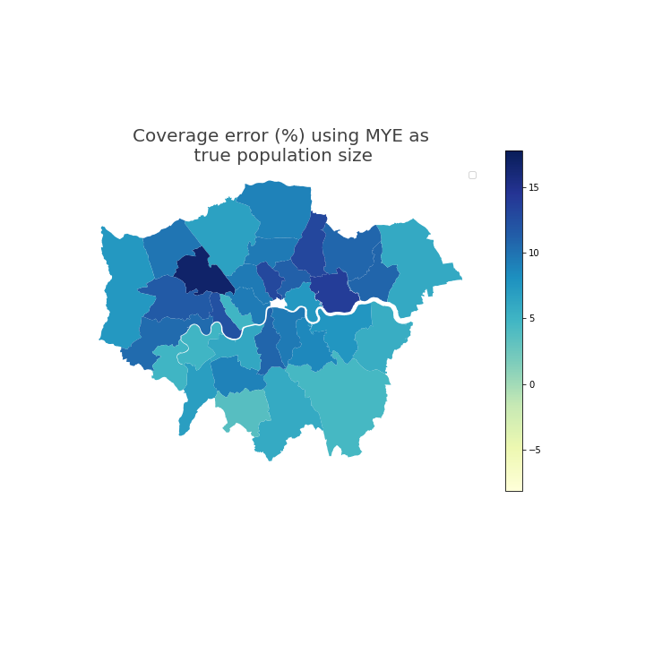 Map showing in London, local authorities had coverage error that indicates that the coverage-adjusted Statistical Population Dataset estimates for year ending mid-2021 were greater than Census 2021- based mid-year estimates.